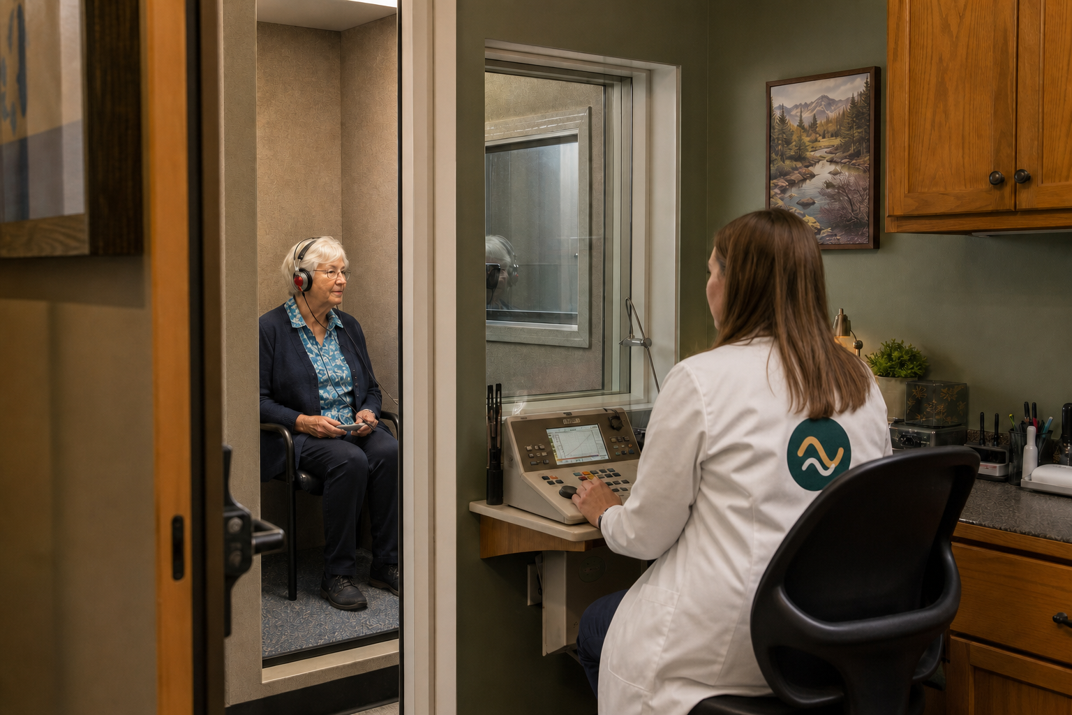 A hearing care professional in a white coat meeting with a patient