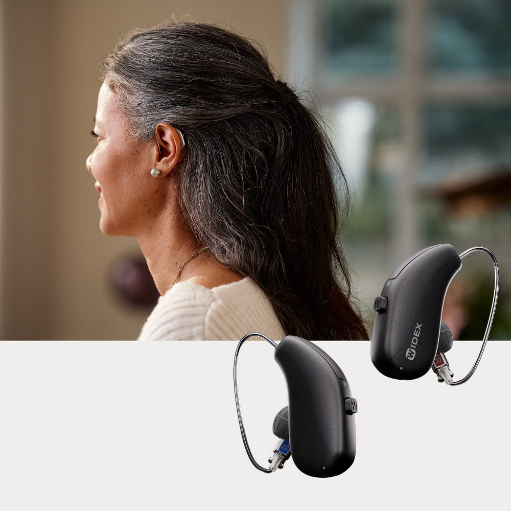 Widex Allure hearing aids shown beside a person wearing one