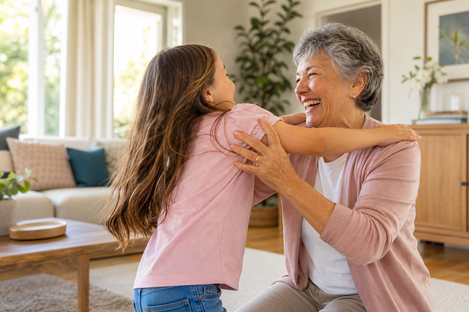 A grandmother and granddaughter greeting each other joyfully at home